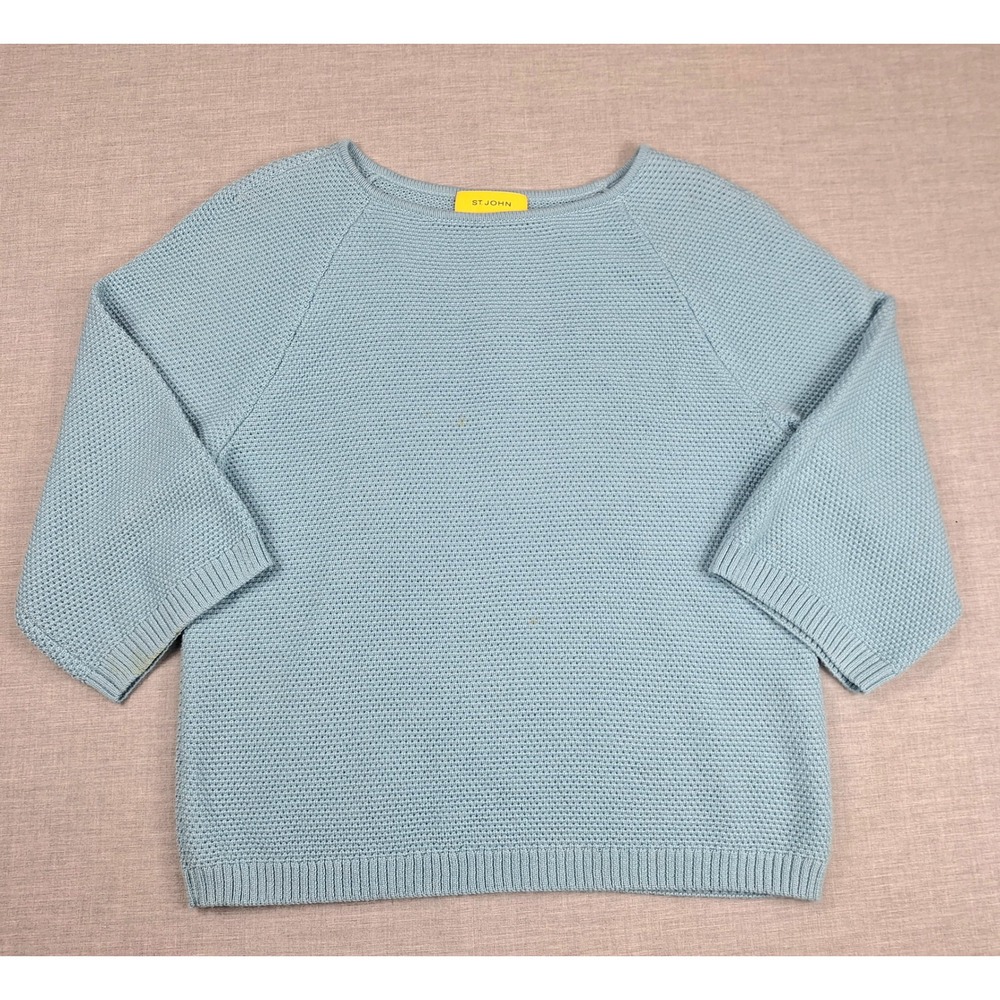 St John Light Blue 100% Wool Waffle Knit Boat Neck 3/4 Sleeve Sweater Small